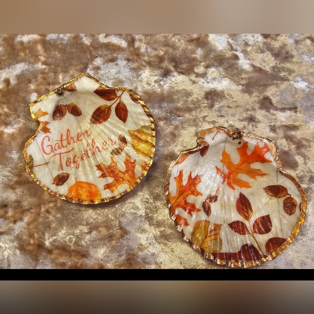 Autumn Fall Leaf Decorative Shell Plates Set of 2 Handcrafted Trinket Dishes